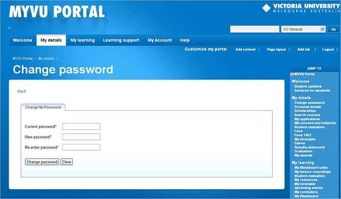 MYVU (student portal), change password window