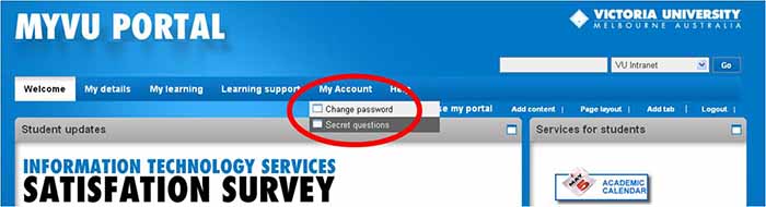 MYVU (student portal), Menu, My Account, select Secret question