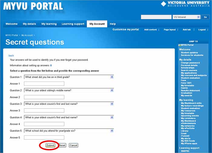 MYVU (student portal), change password -  Secret question