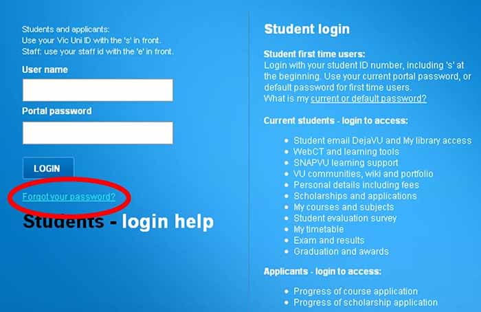 MYVU (student portal) - Forgot your password? link