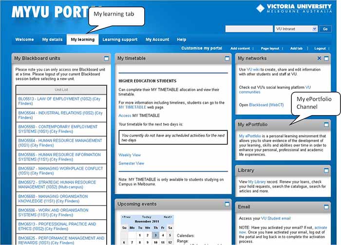 MYVU (student portal) - tabs and channels