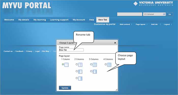 MYVU (student portal) - edit page layout and rename new tabs