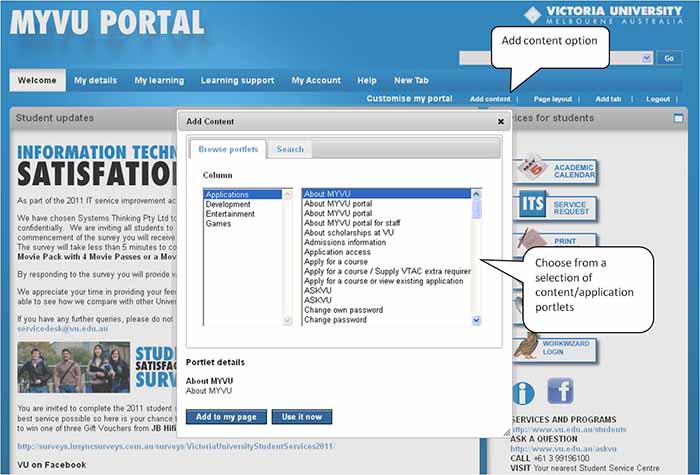 MYVU (student portal) - add new content to page