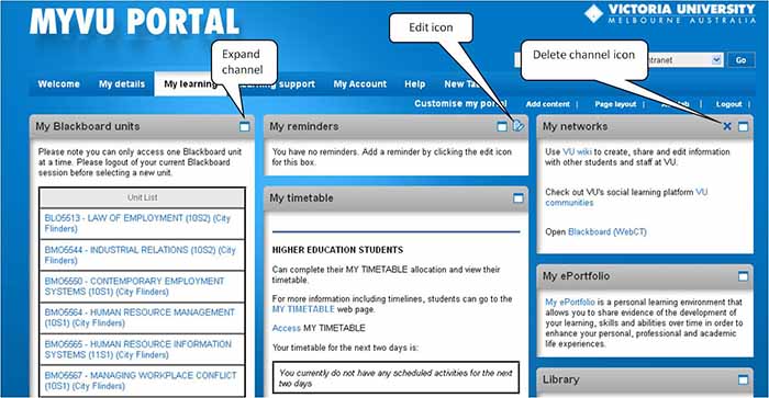 MYVU (student portal) - expand, remove, drag and drop content