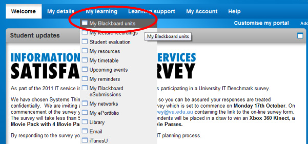 Screenshot of Blackboard menu link in MyVU portal