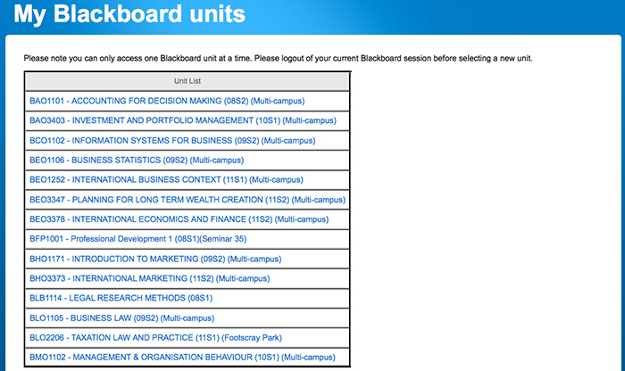 Screenshot of My Blackboard units