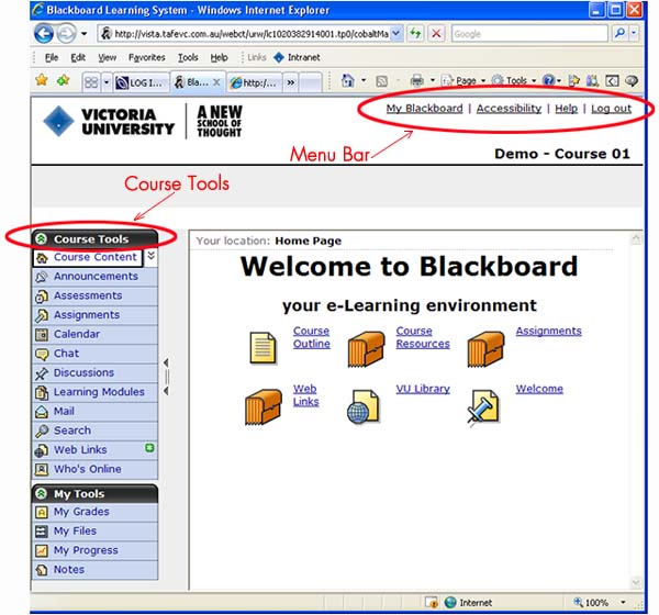 Screenshot of Blackboard menus and course tools