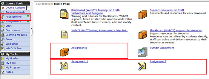 Screenshot of Blackboard assignment locations